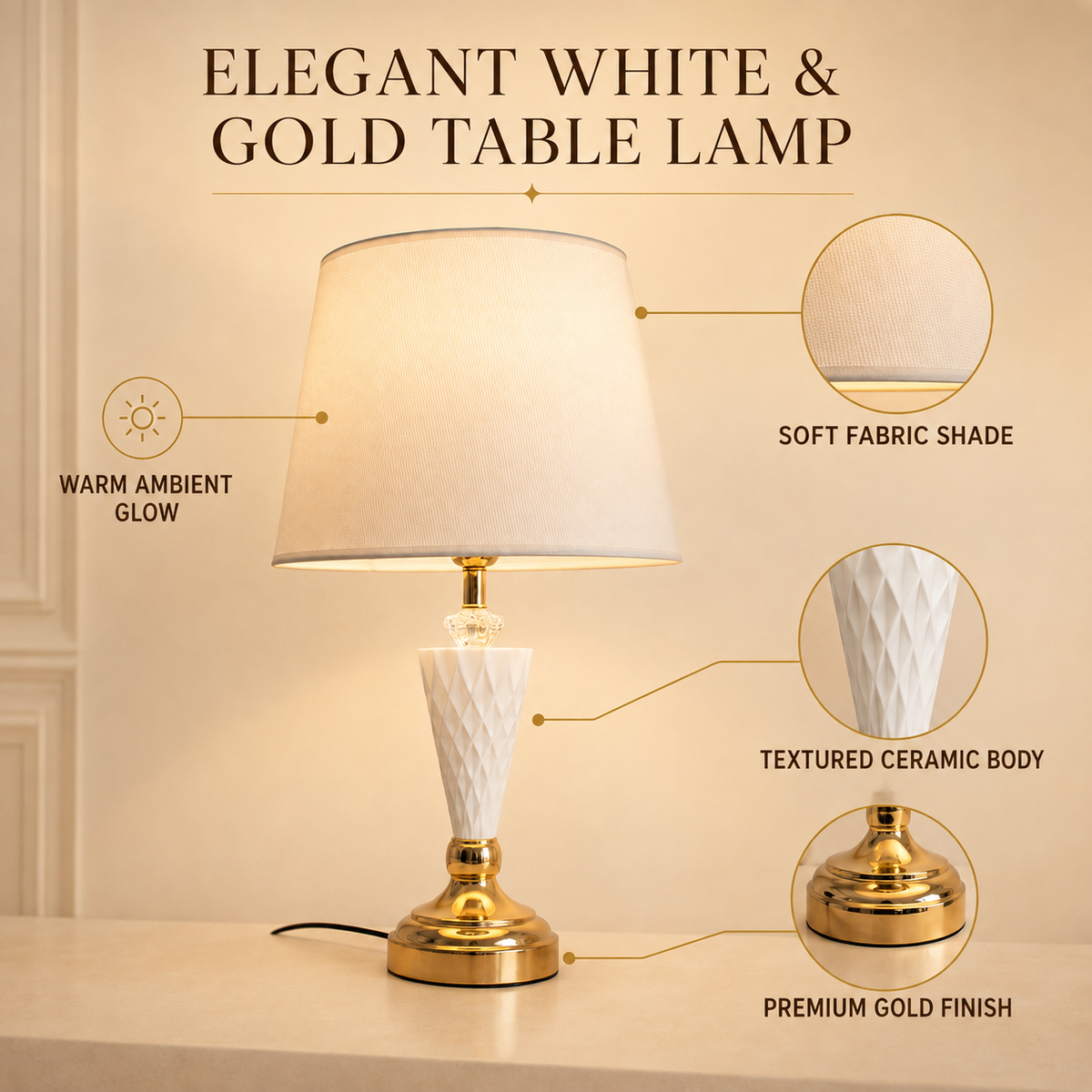 White Crystal And Gold Table Lamp With Fabric Shade