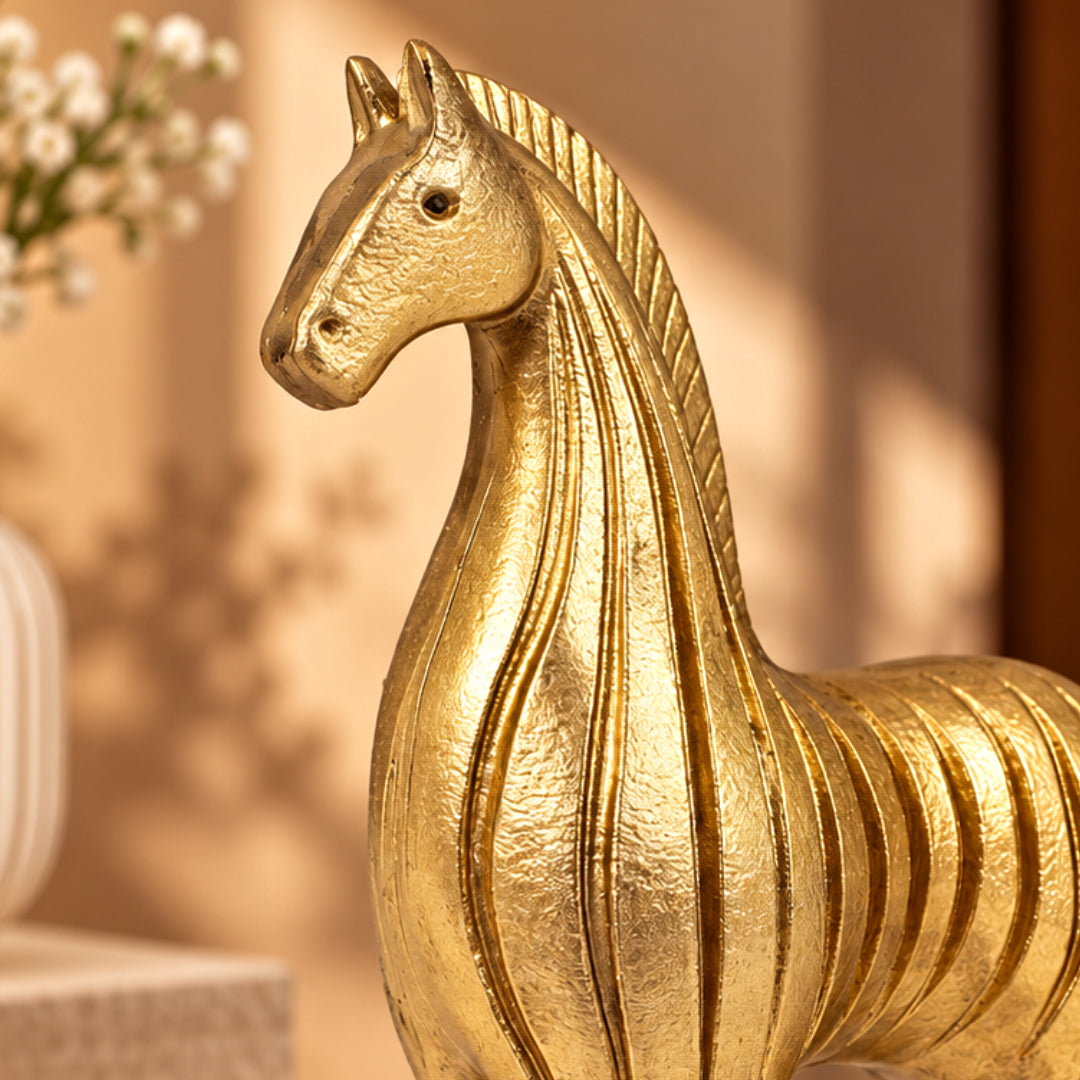 Golden Horse Showpiece – Luxury Textured Horse Figurine with Artistic Carved Design