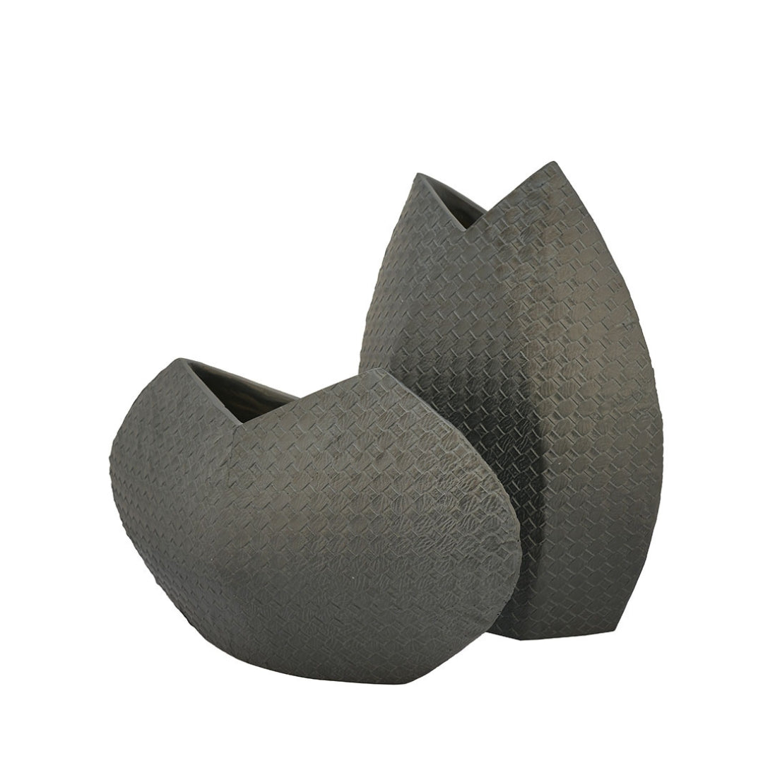 Sculptural Charcoal Polyresin Vases with Woven Texture