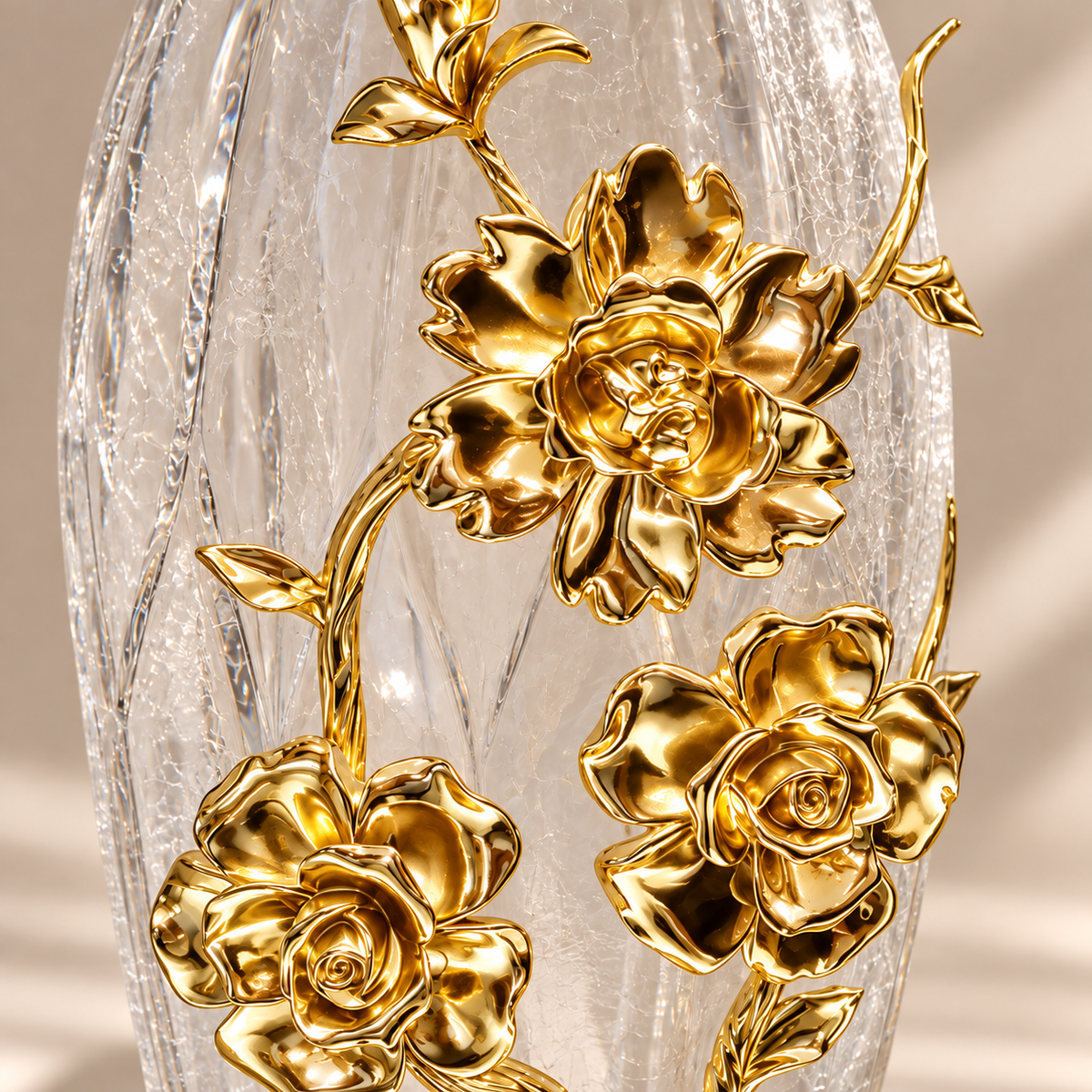 Gold Rose Floral Textured Glass Vase