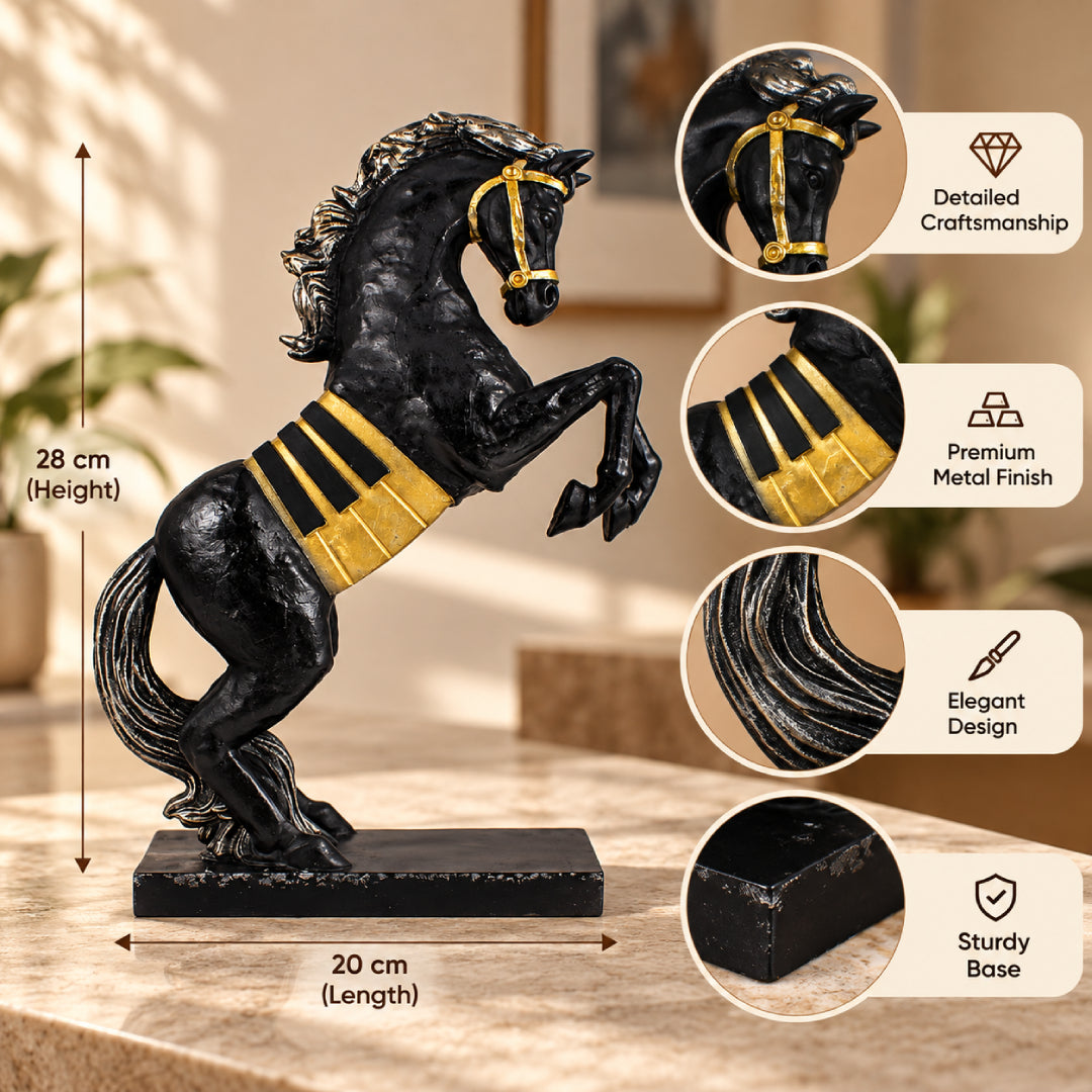 Royal Rearing Horse Showpiece – Black & Gold Decorative Horse Statue