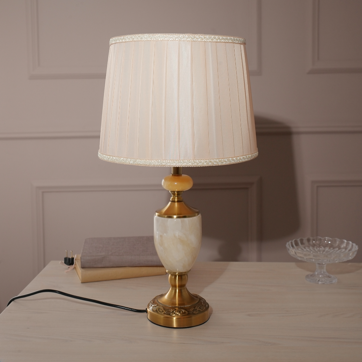 Antique Brass Table Lamp with Pleated Shade