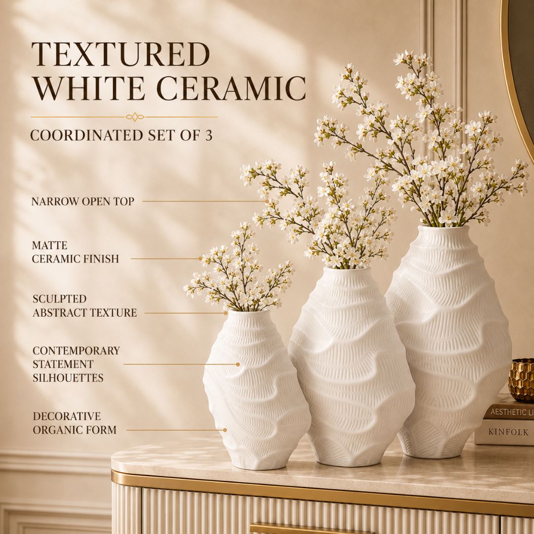 Sculpted Organic Matte White Ceramic Flower Vase Set of 3