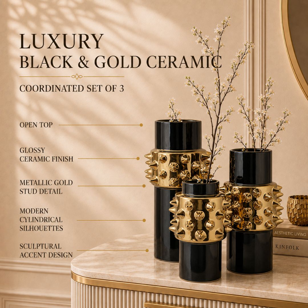 Black And Gold Ceramic Decorative Vase Set Of 3 With Studded Design