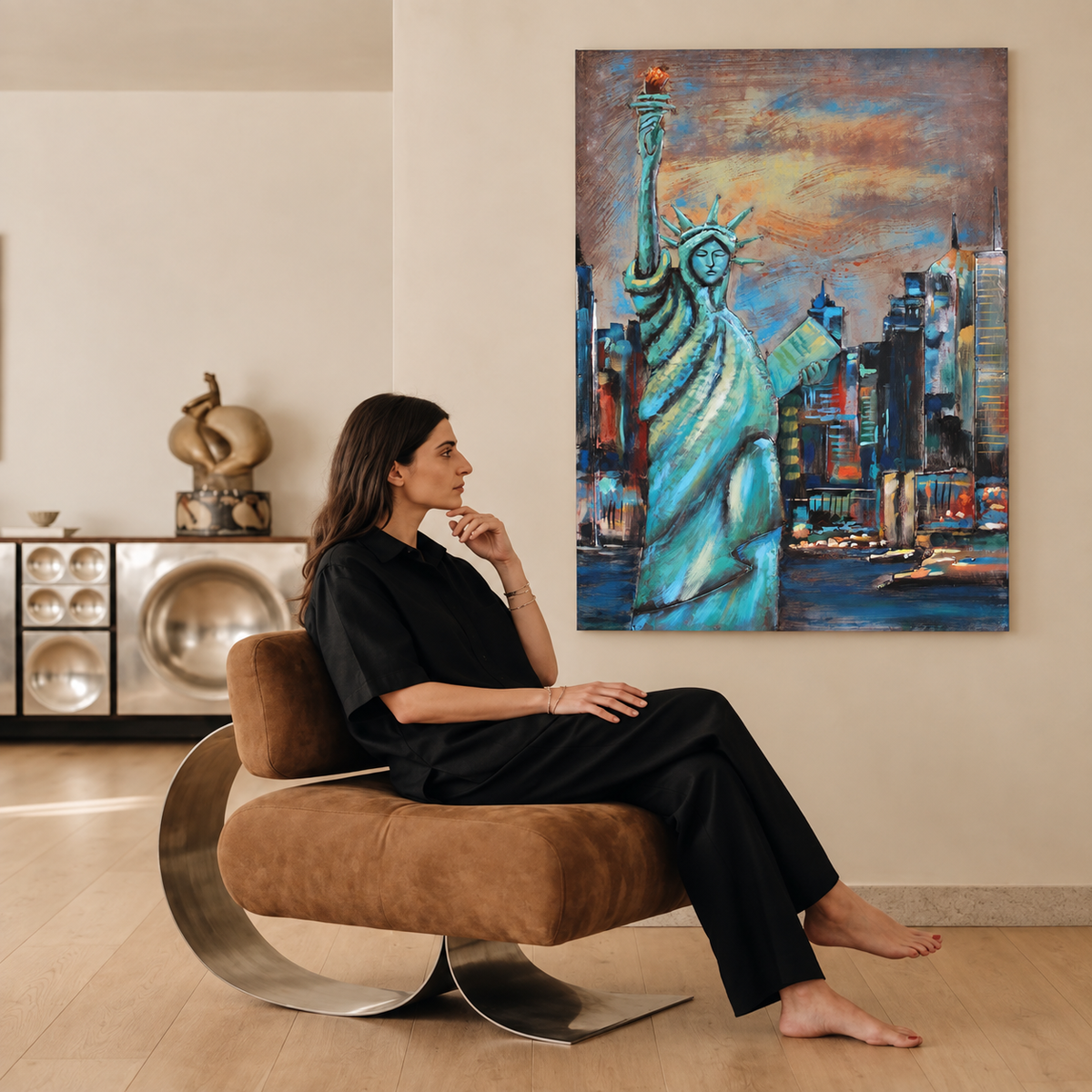 Statue of Liberty with Skyline Metal Wall Art