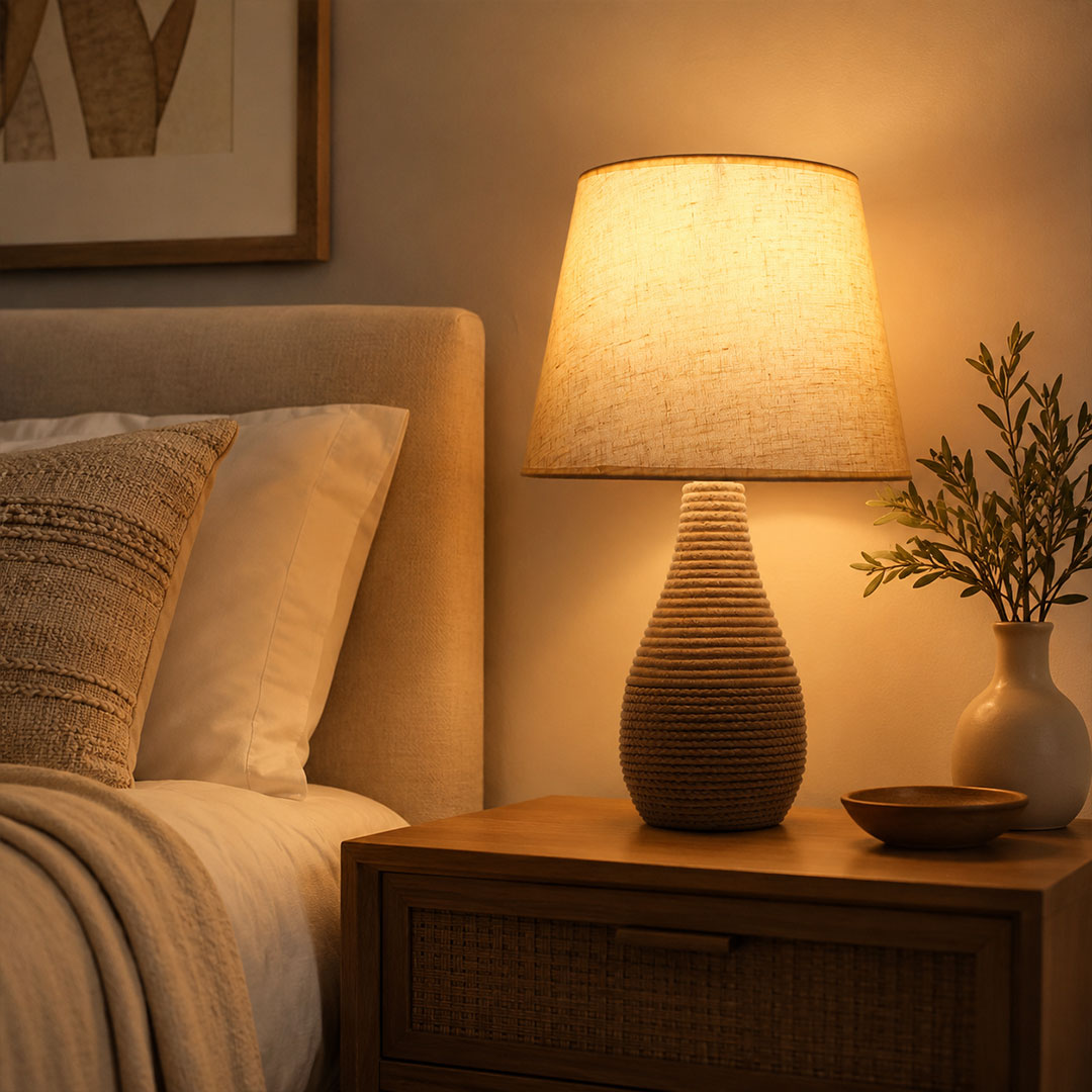 Grey Ceramic Table Lamp with Cream Color Shade and Rope-Textured Base