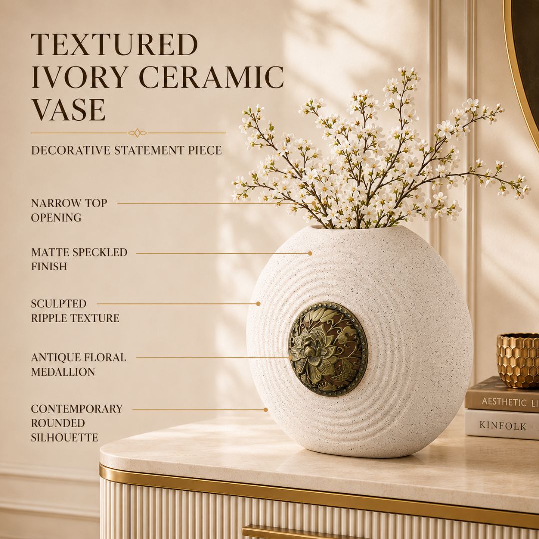 Sculpted Ripple Ceramic Vase with Antique Lotus Medallion