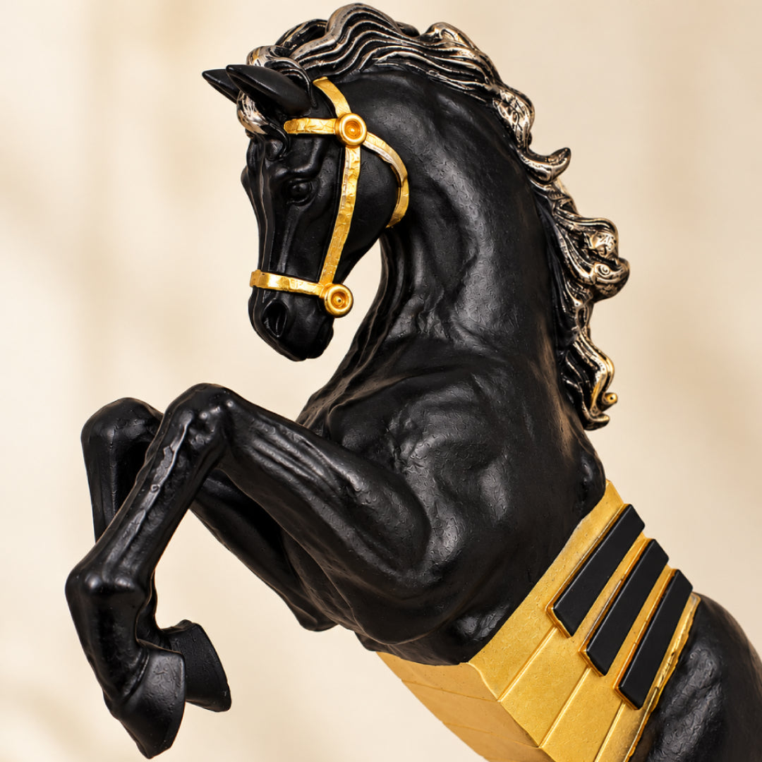 Royal Rearing Horse Showpiece – Black & Gold Decorative Horse Statue