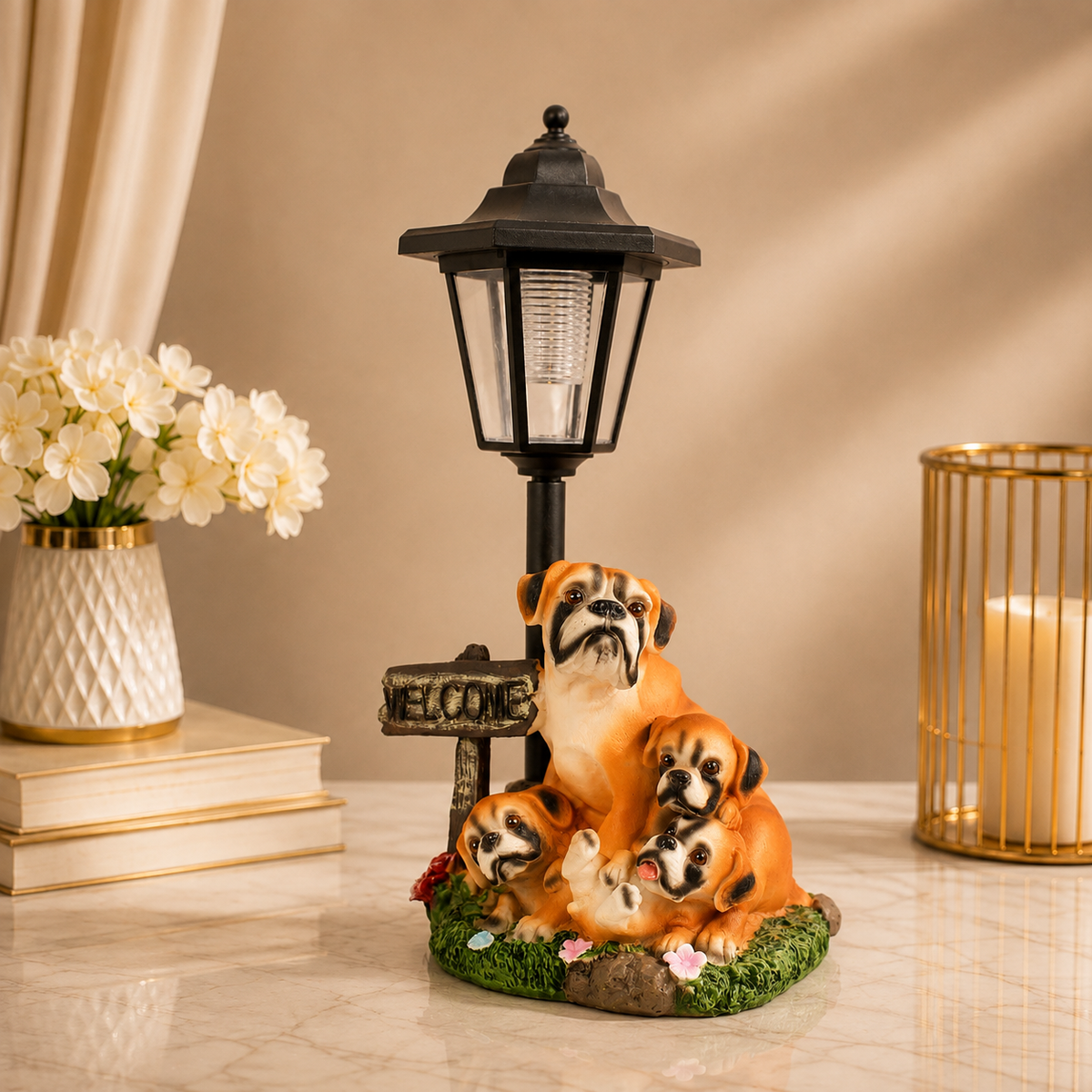 Adorable Bulldog Family Welcome Sculpture with Garden Lantern