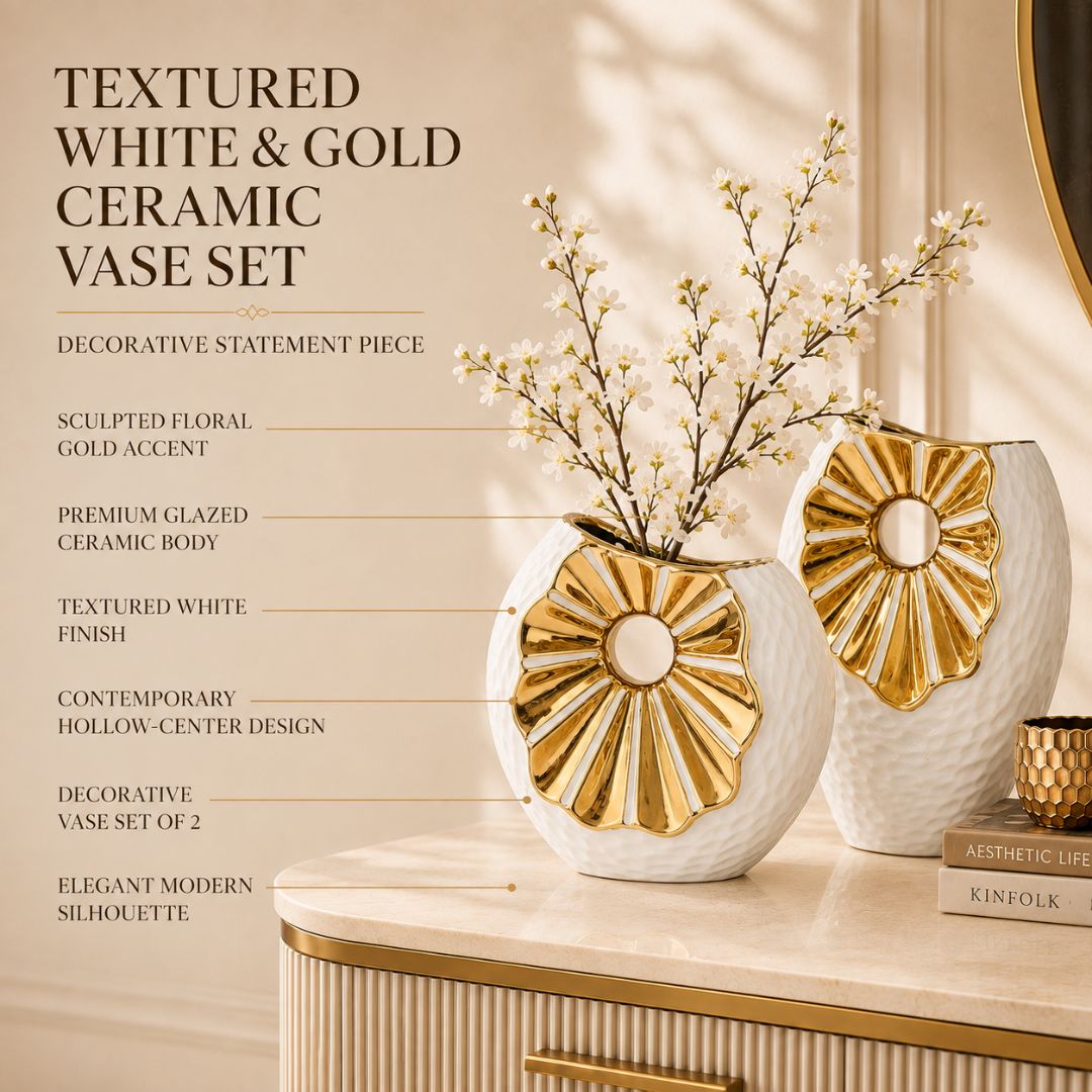 Textured White & Gold Ceramic Flower Vase Set of 2