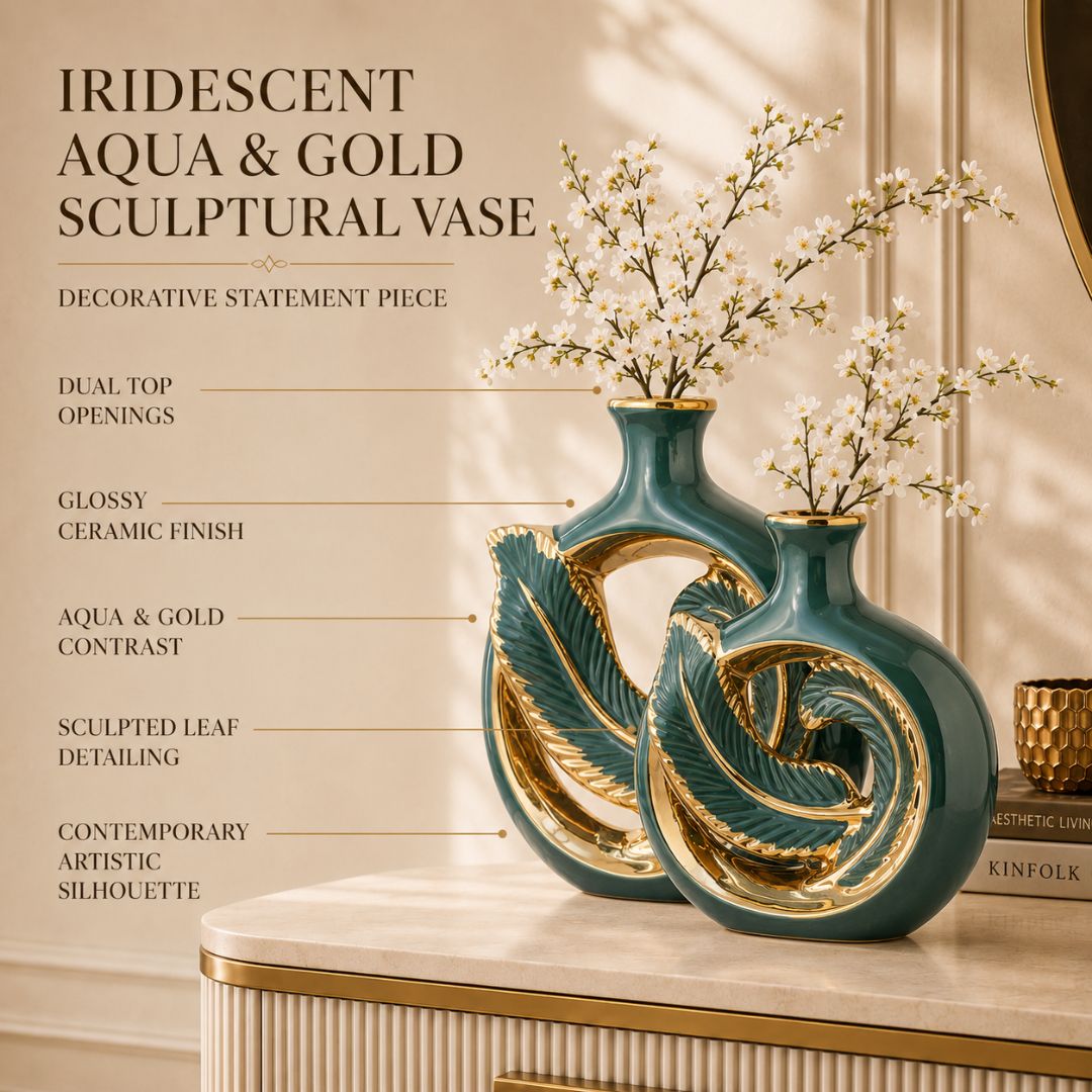 Aqua Green & Gold Sculptural Ceramic Flower Vase Set of 2