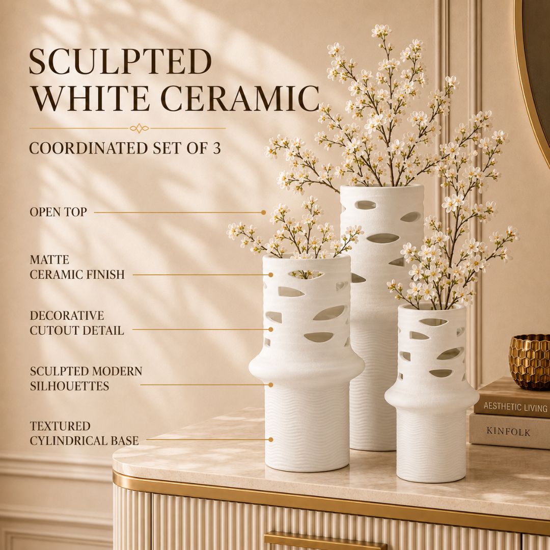 Sculptural Cutwork White Ceramic Flower Vases Set