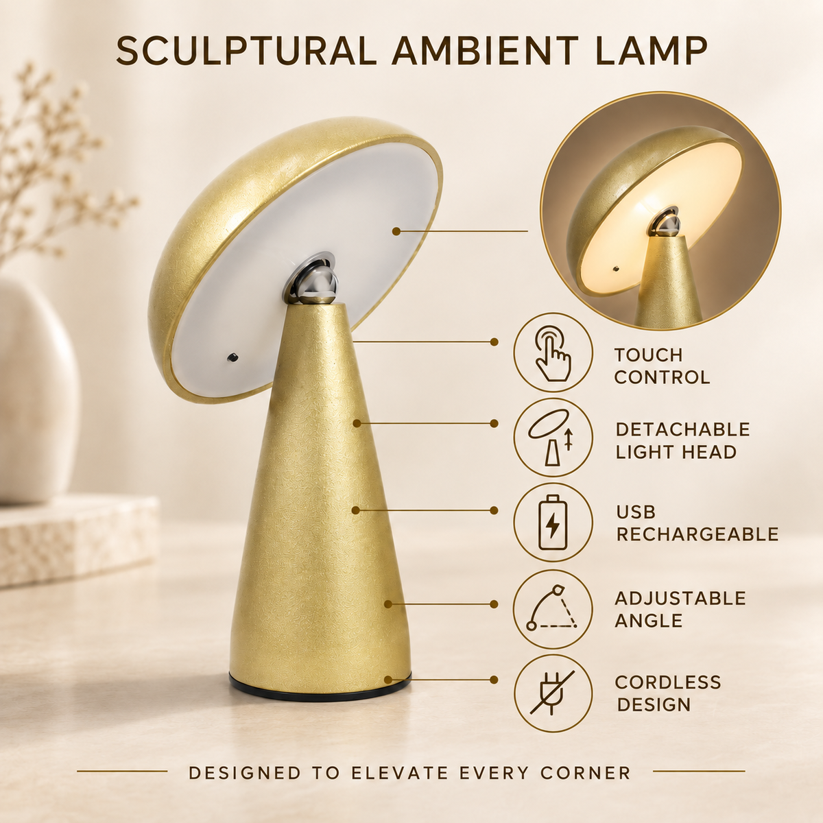 Golden Mushroom Touch Table Lamp