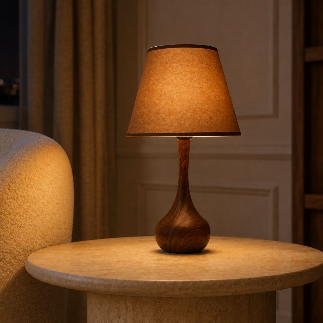 Brown Metalic Wooden Texture Table Lamp with Fabric Shade