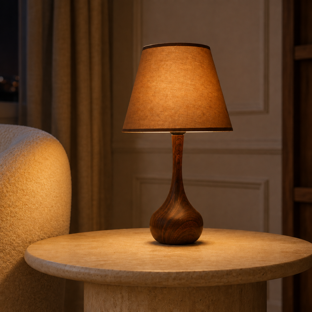 Brown Metalic Wooden Texture Table Lamp with Fabric Shade