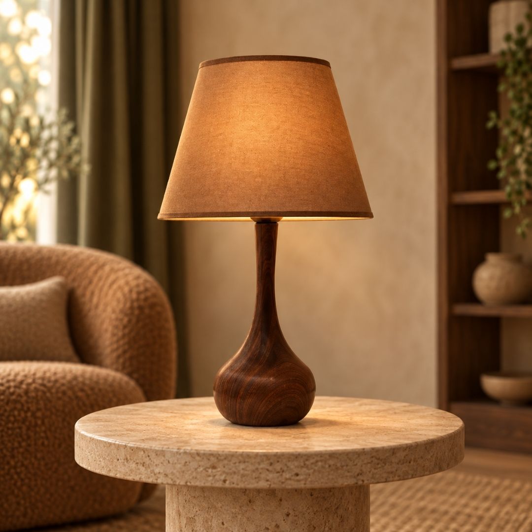 Brown Metalic Wooden Texture Table Lamp with Fabric Shade