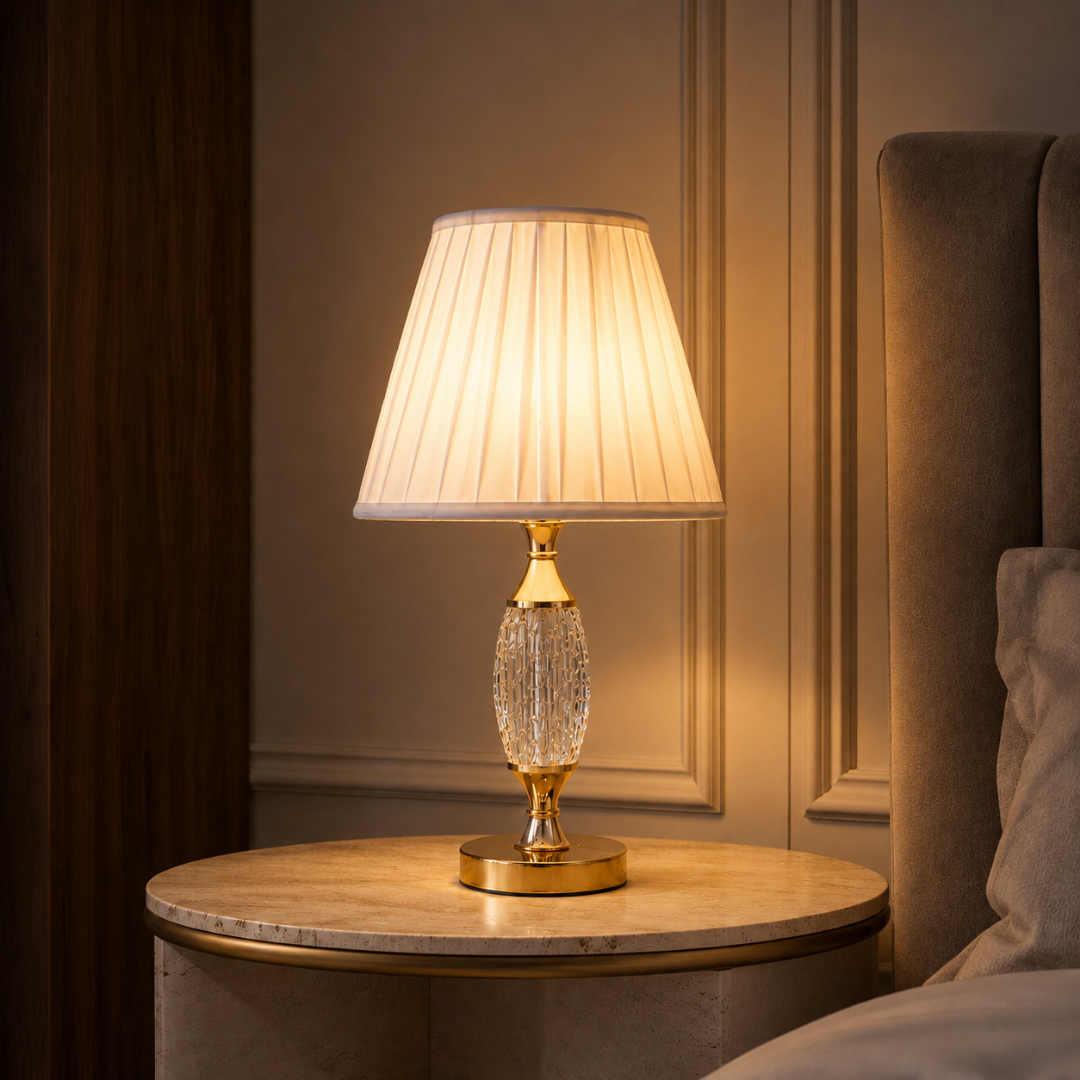 Elare Luxury Crystal Table Lamp with Pleated Fabric Shade