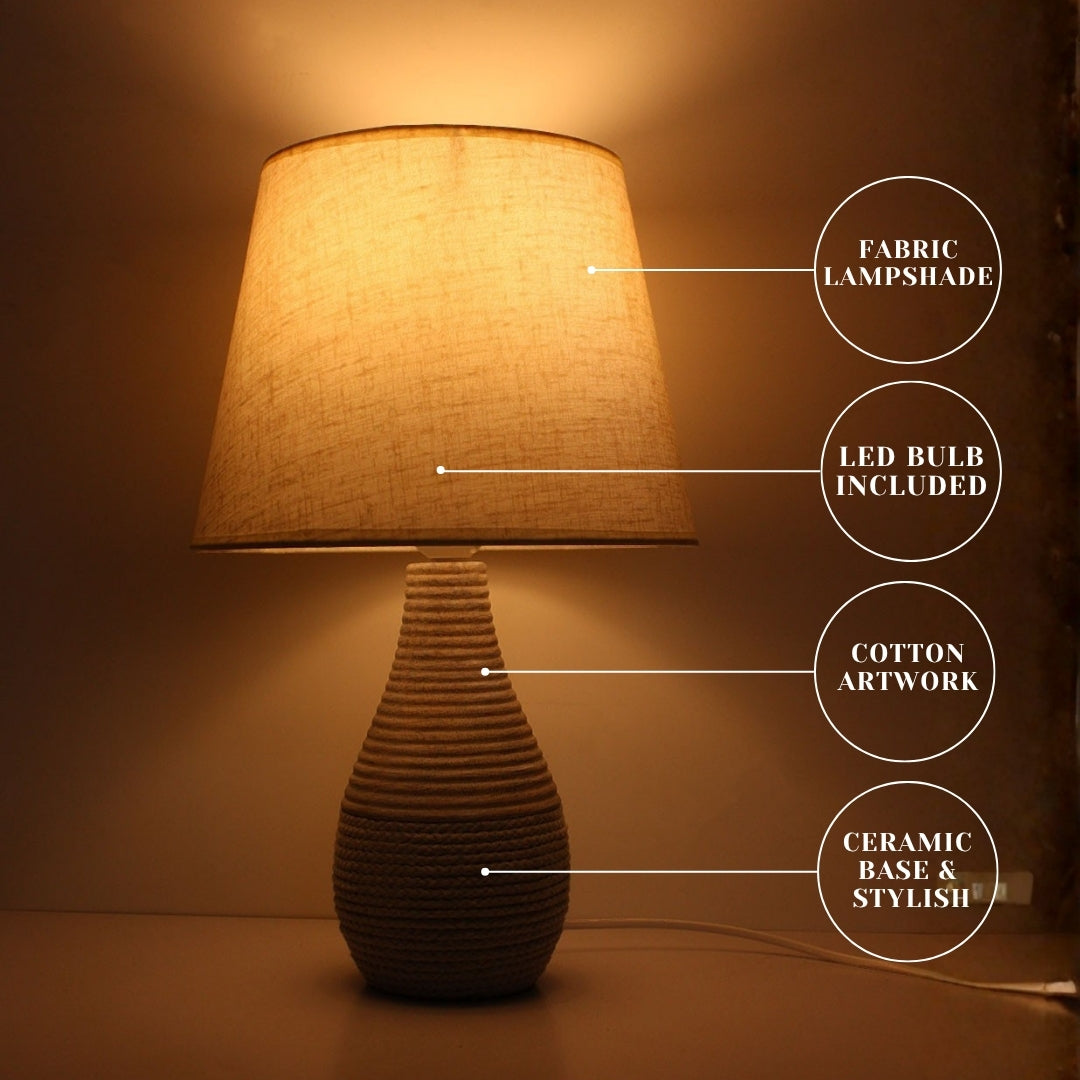 Grey Ceramic Table Lamp with Cream Color Shade and Rope-Textured Base