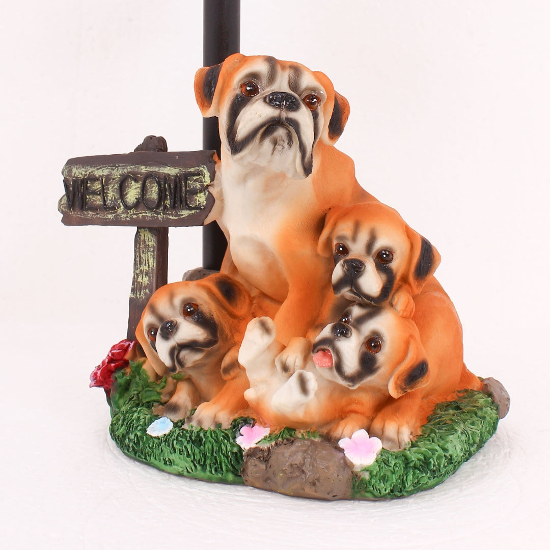 Adorable Bulldog Family Welcome Sculpture with Garden Lantern