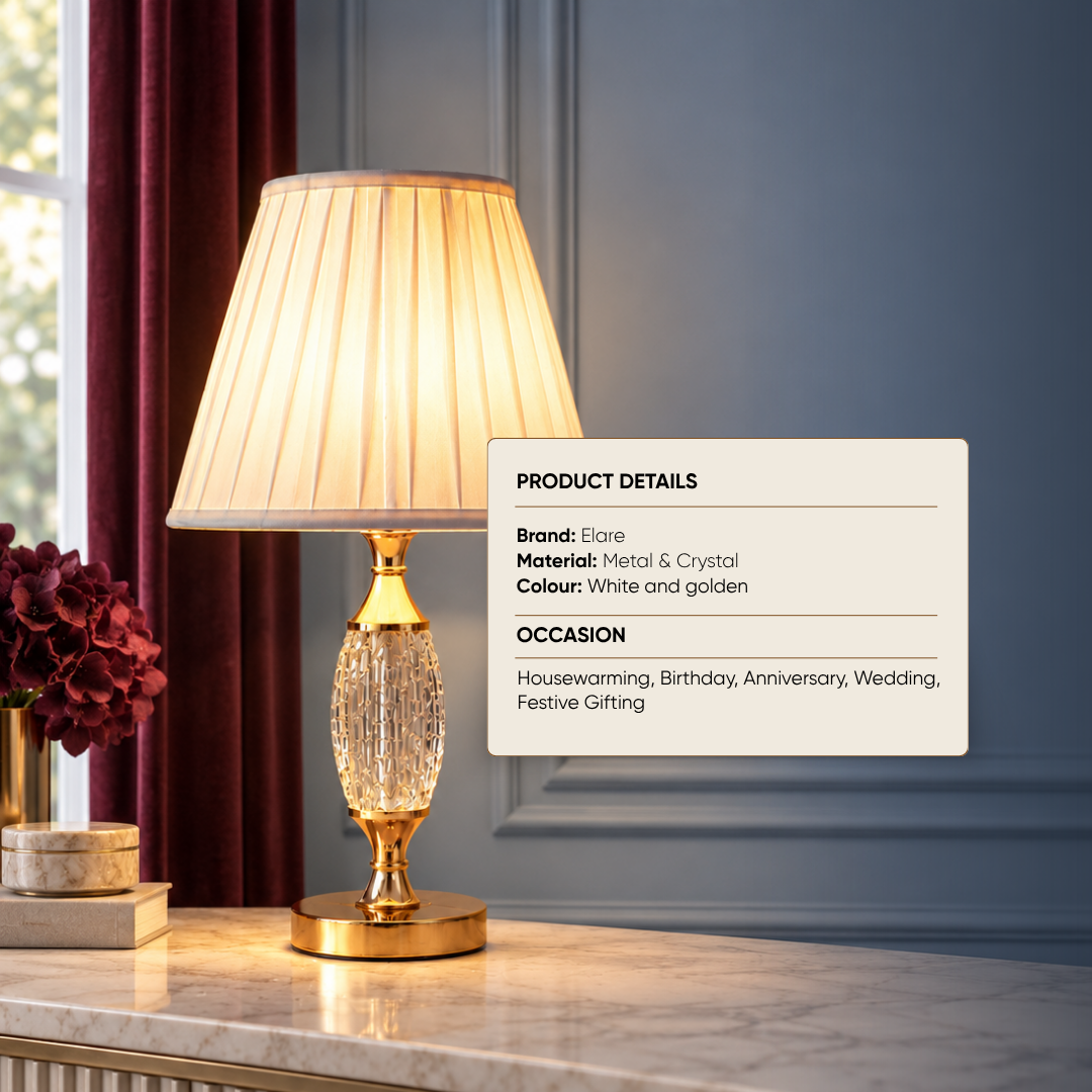 Elare Luxury Crystal Table Lamp with Pleated Fabric Shade