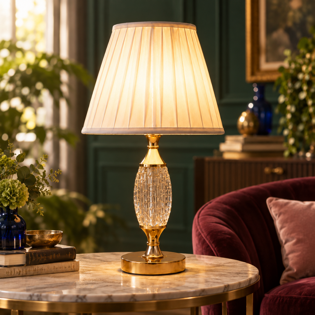Elare Luxury Crystal Table Lamp with Pleated Fabric Shade