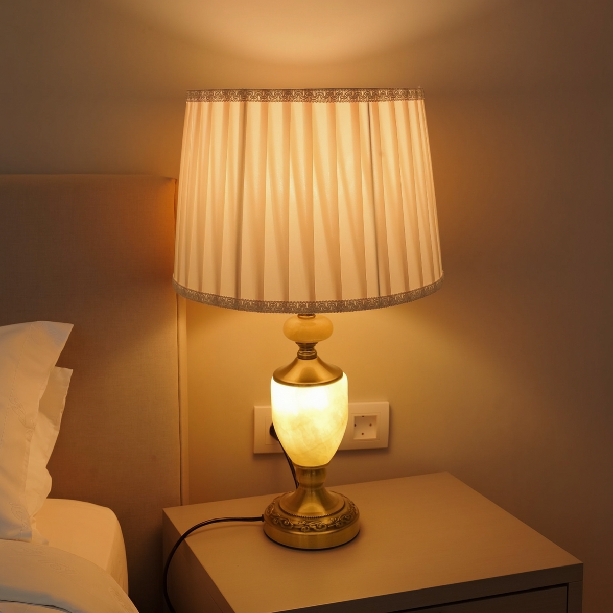 Antique Brass Table Lamp with Pleated Shade