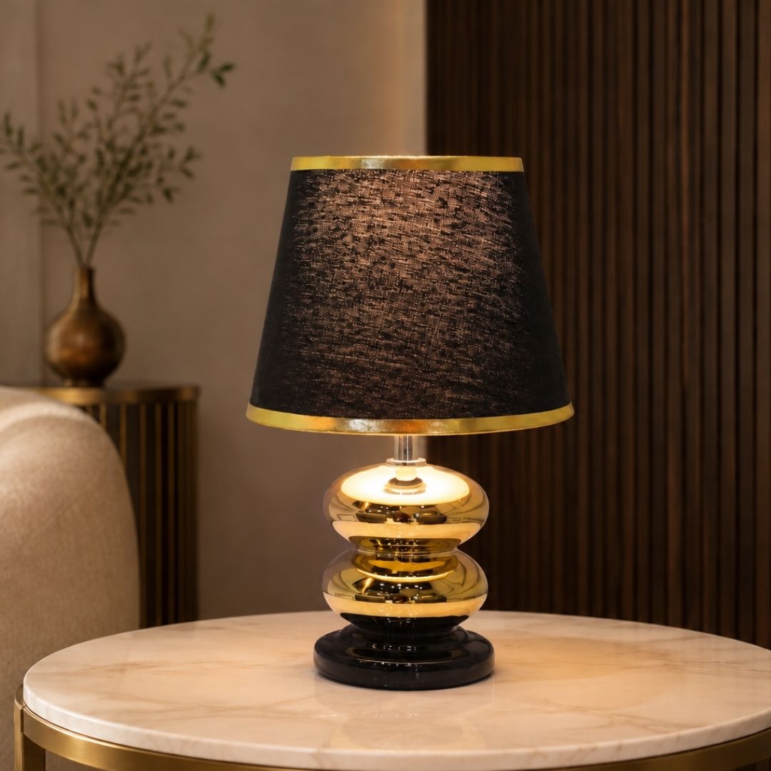 Black & Gold Table Lamp with Golden Strap Shade