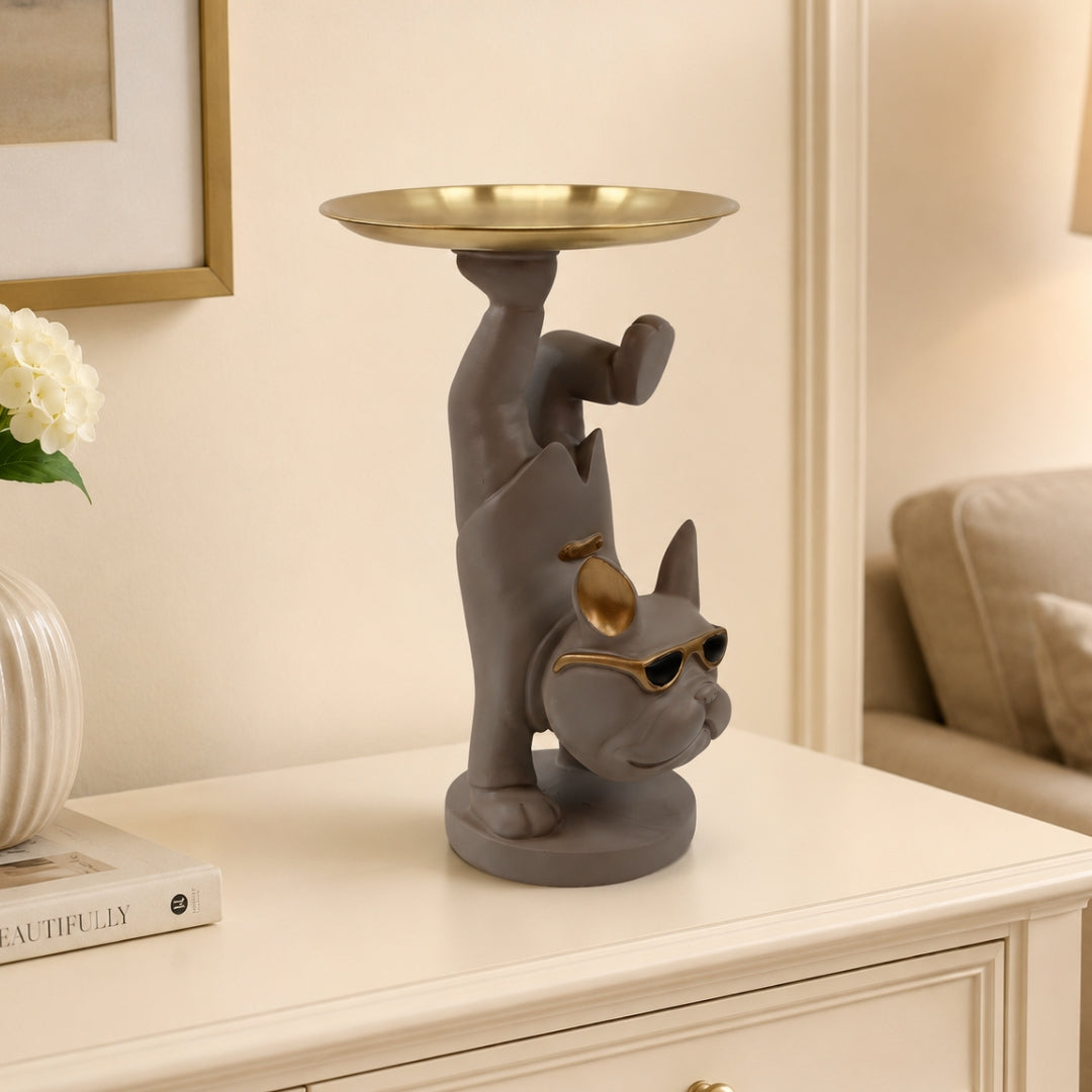 Cool Street Style Bulldog Figurine with Storage Tray Tabletop Organizer