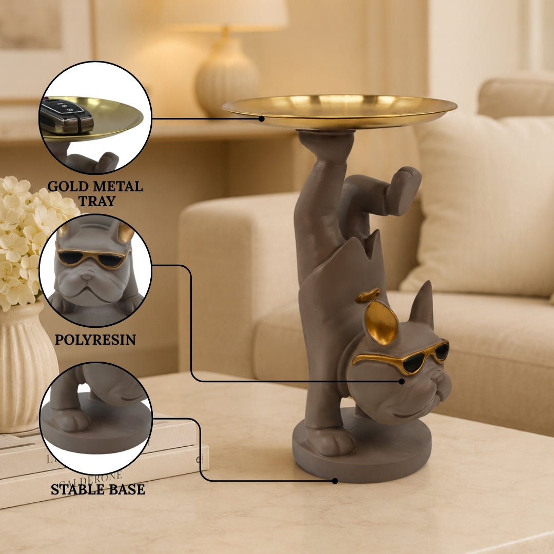 Cool Street Style Bulldog Figurine with Storage Tray Tabletop Organizer