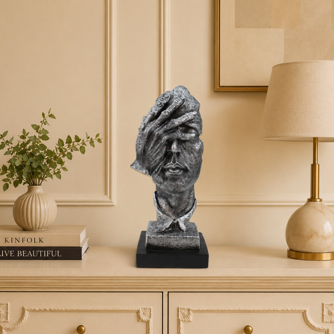 Modern Silver Polyresin Human Face Statue Tabletop Organizer