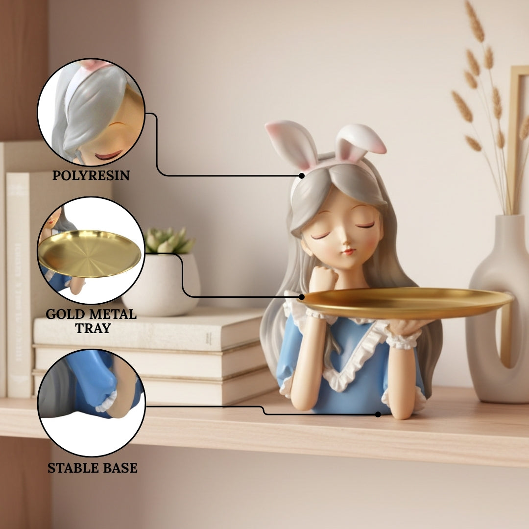Decorative Girl Tray Showpiece with Bunny Ears Tabletop Organizer