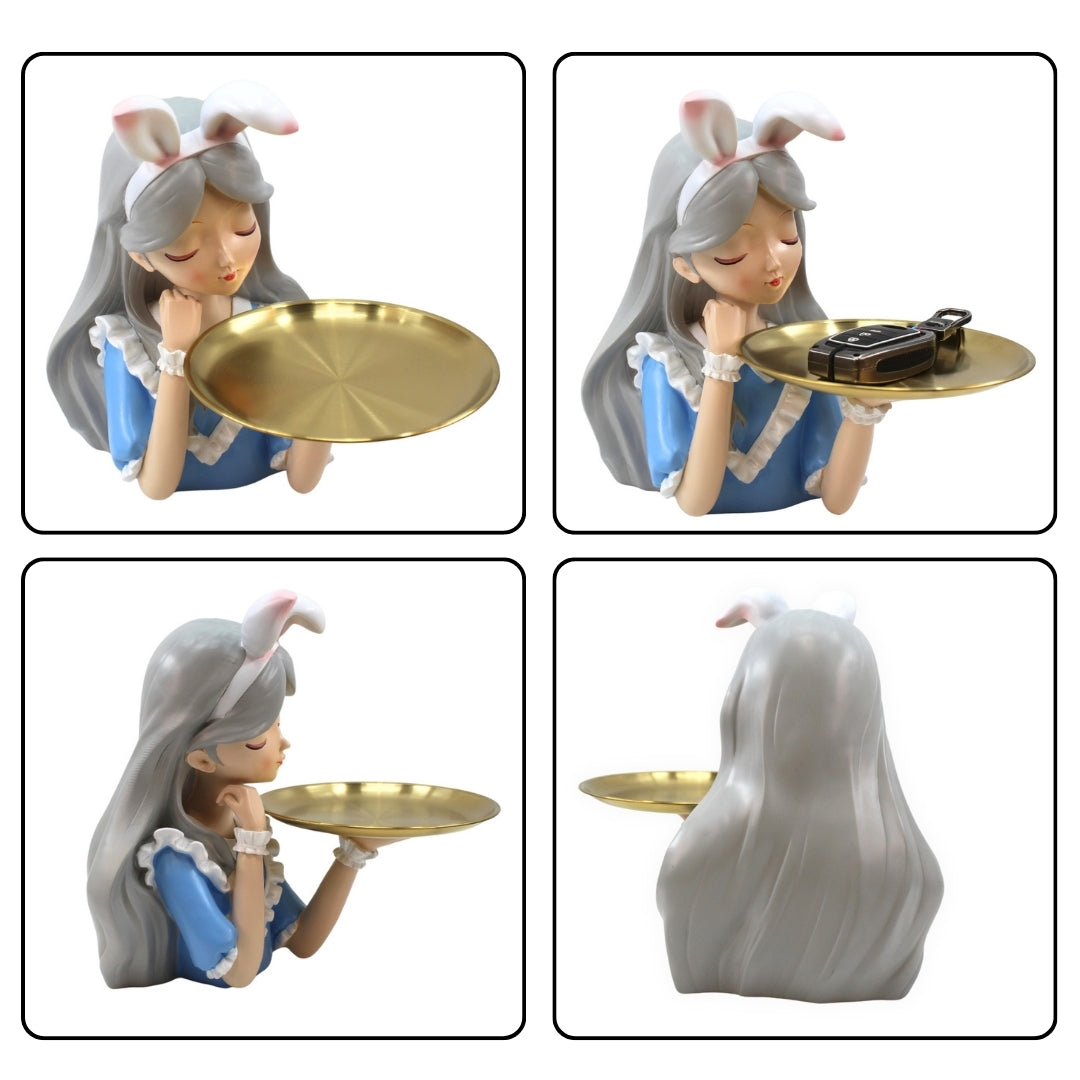 Decorative Girl Tray Showpiece with Bunny Ears Tabletop Organizer