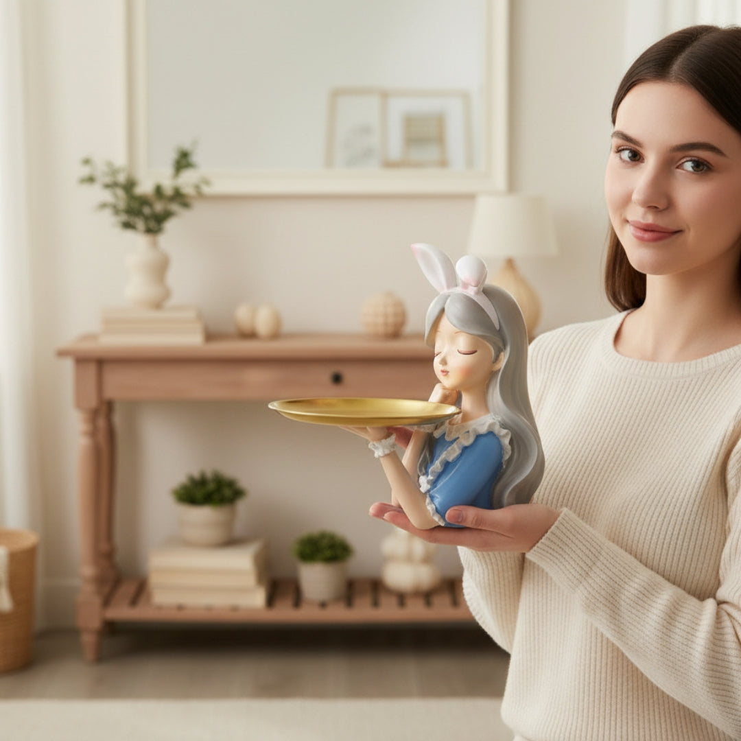 Decorative Girl Tray Showpiece with Bunny Ears Tabletop Organizer