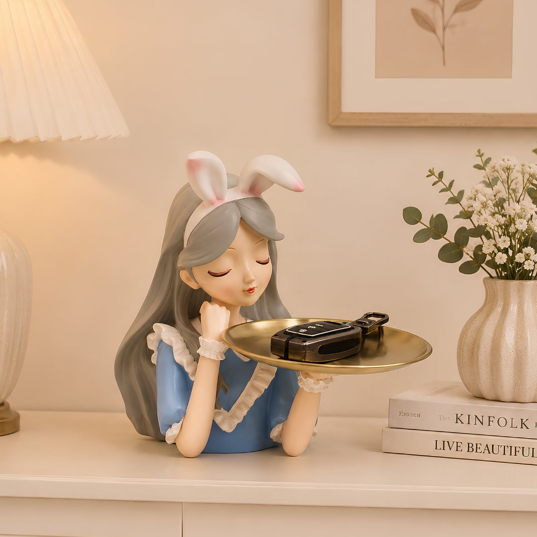 Decorative Girl Tray Showpiece with Bunny Ears Tabletop Organizer
