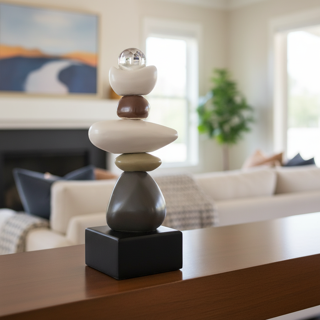 Modern Abstract Stone Balance Sculpture with Crystal Ball Tabletop Organizer