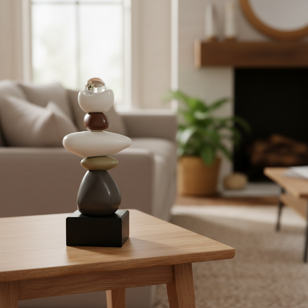 Modern Abstract Stone Balance Sculpture with Crystal Ball Tabletop Organizer