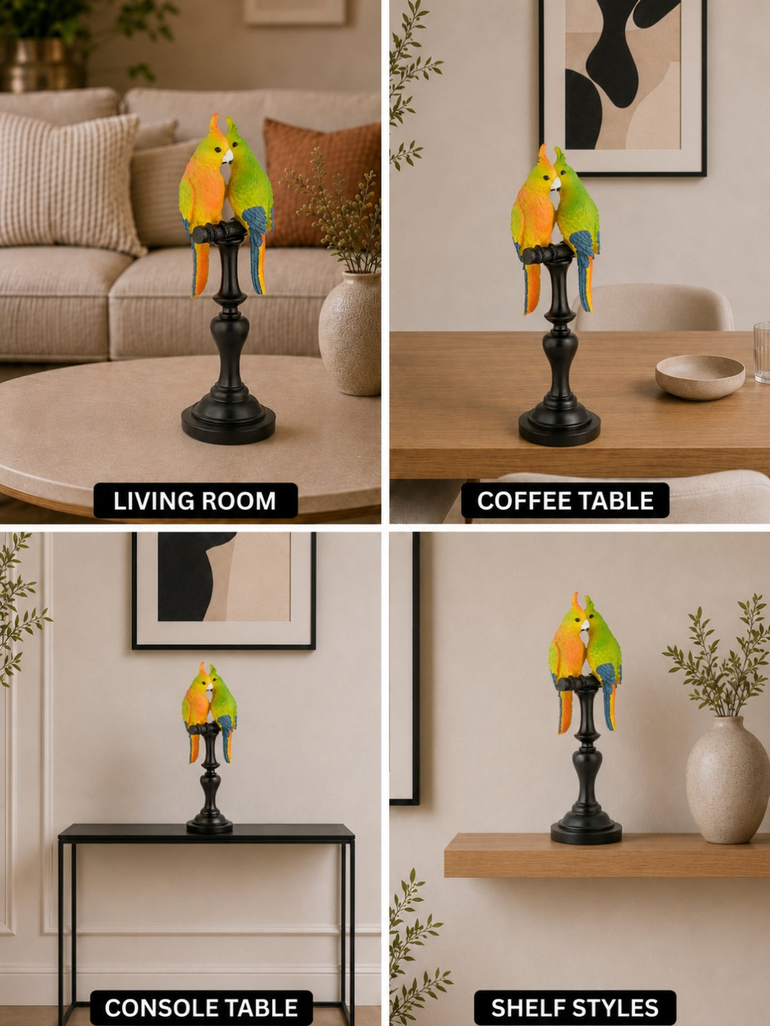 Vibrant Tropical Parrot Couple on Black Pedestal