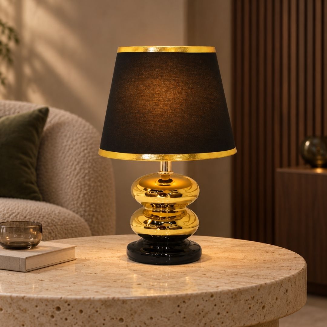 Black & Gold Table Lamp with Golden Strap Shade