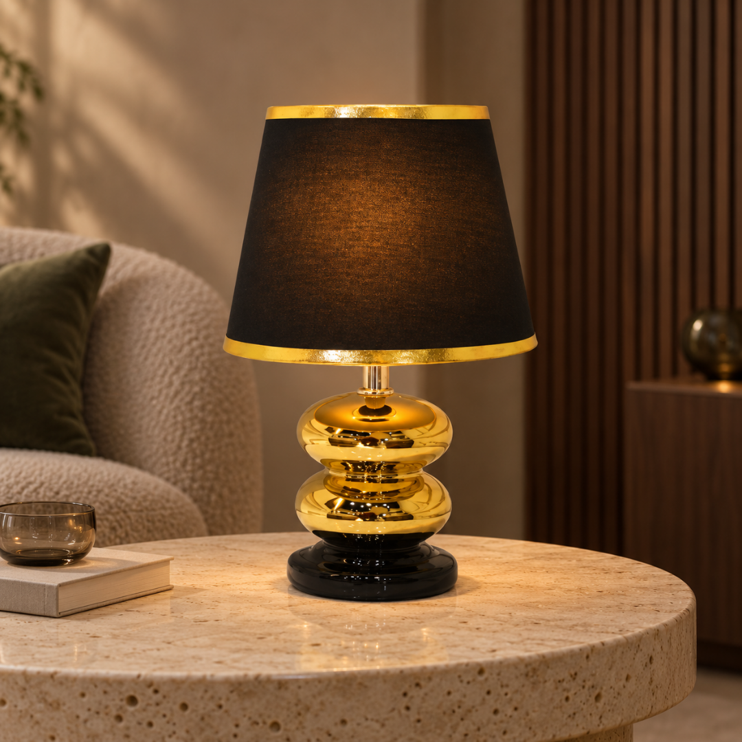 Black & Gold Table Lamp with Golden Strap Shade