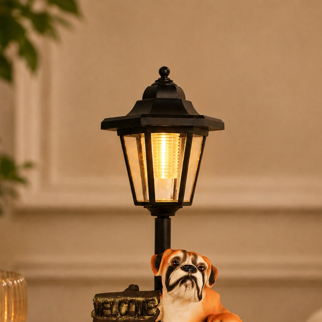 Adorable Bulldog Family Welcome Sculpture with Garden Lantern