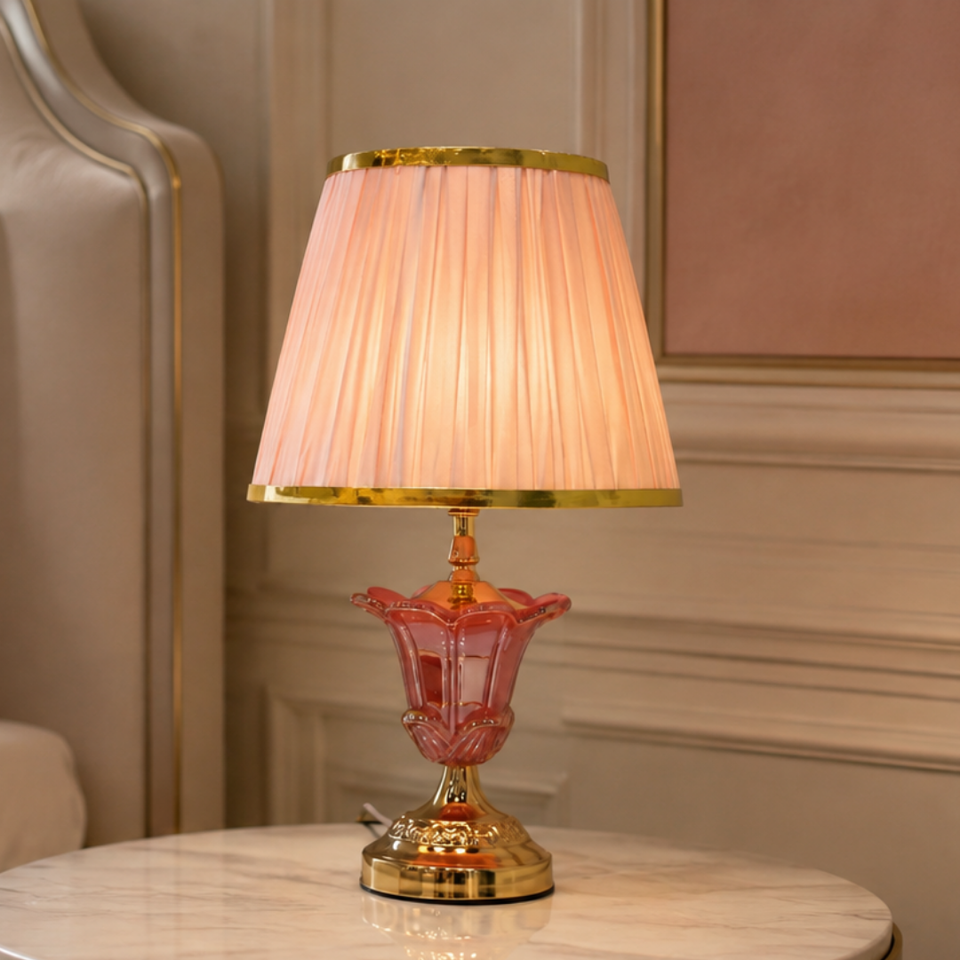 Elare Pink Crystal Table Lamp with Pleated Fabric Shade
