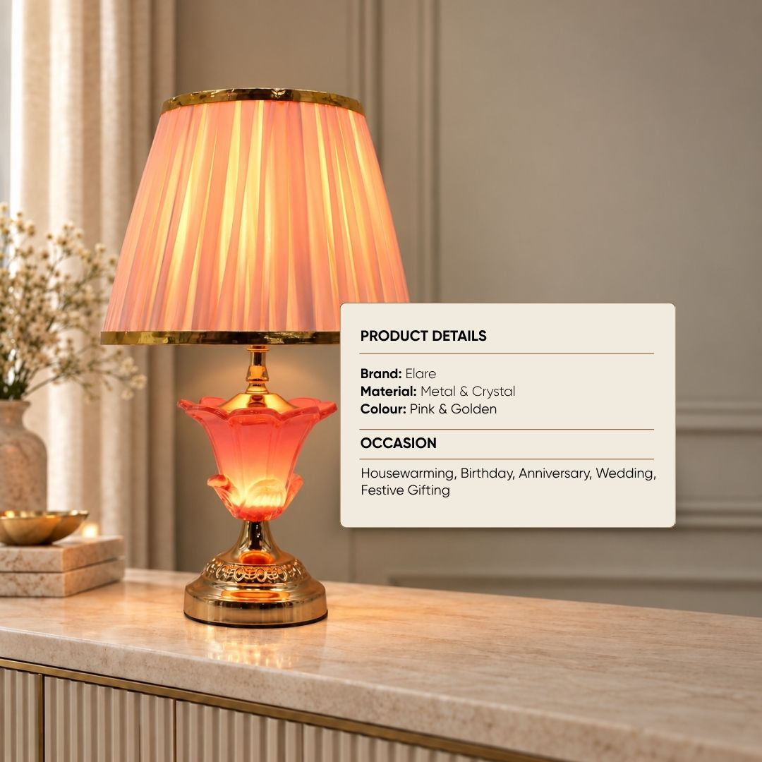 Elare Pink Crystal Table Lamp with Pleated Fabric Shade