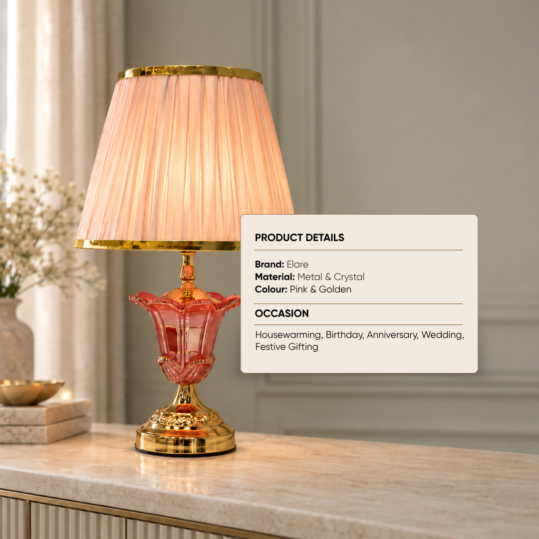 Elare Pink Crystal Table Lamp with Pleated Fabric Shade