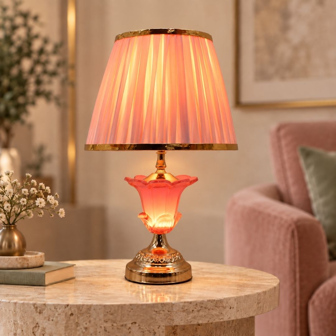 Elare Pink Crystal Table Lamp with Pleated Fabric Shade
