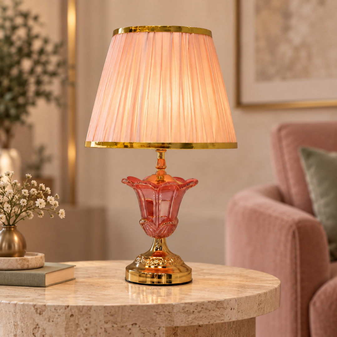 Elare Pink Crystal Table Lamp with Pleated Fabric Shade