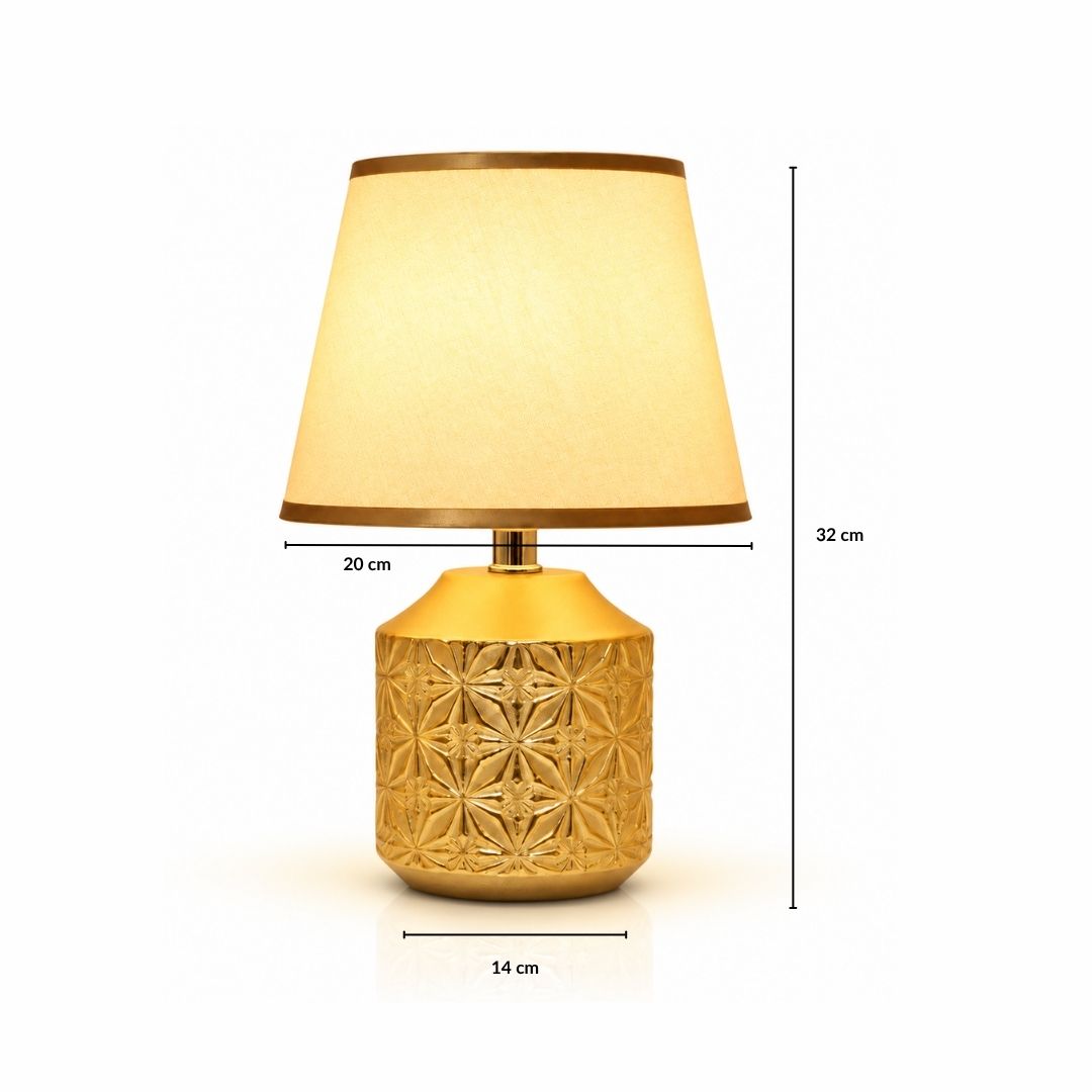 Geometric Floral Carved Table Lamp with Elegant Fabric Shade
