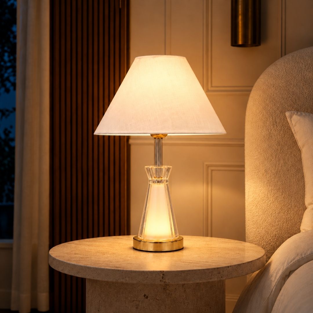 Dual-Light Table Lamp Clear Crystal Glass in White Shade
