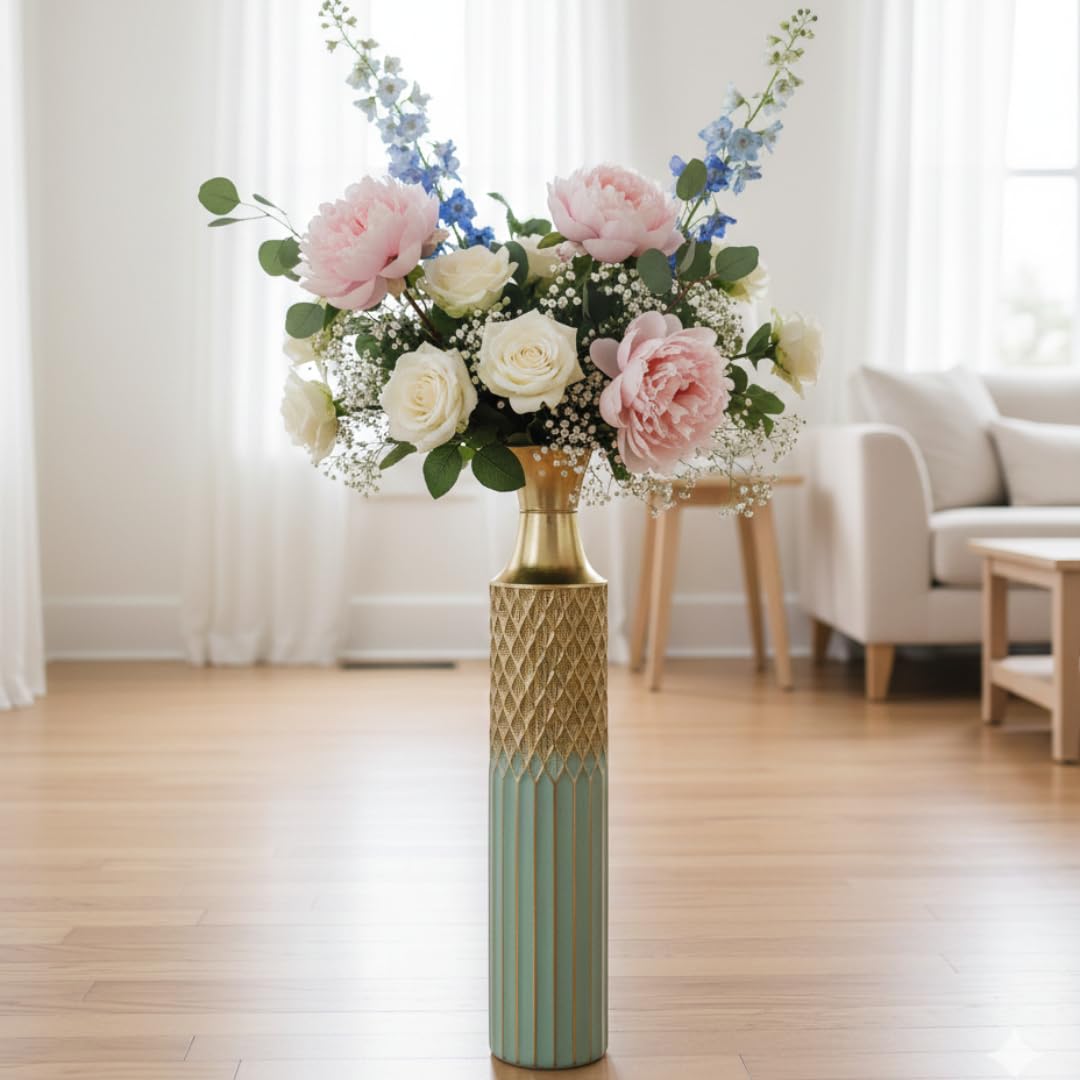 Diamond-Embossed Metal Floor Vase