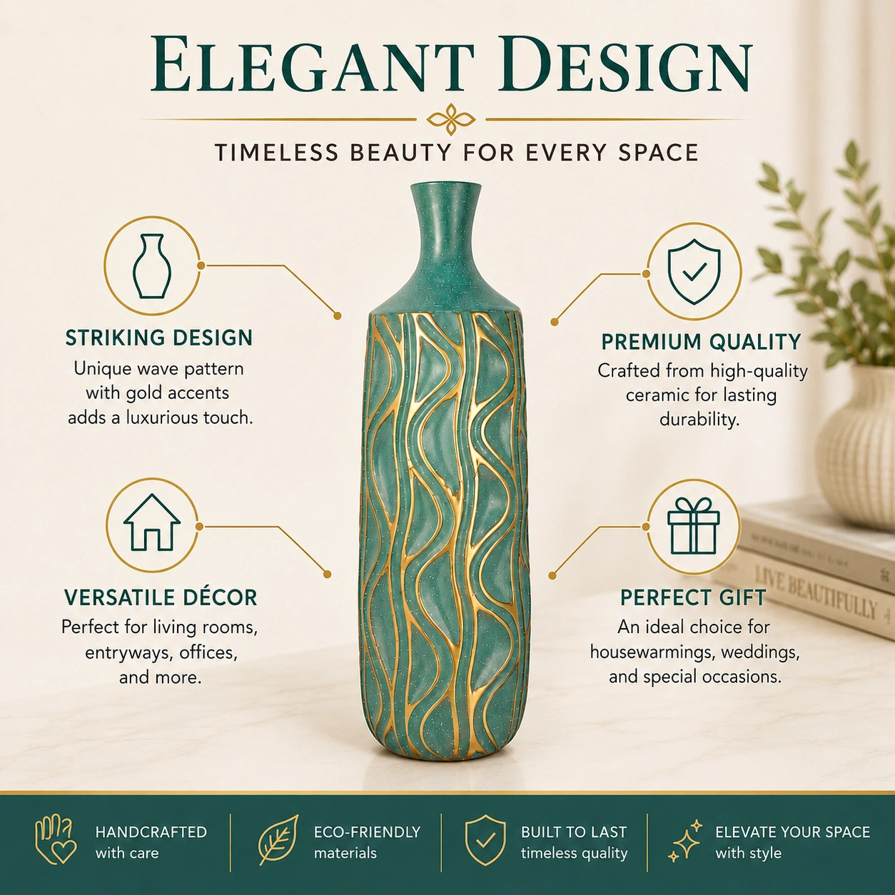 Elare Premium Decorative Vase with Gold Wave Pattern