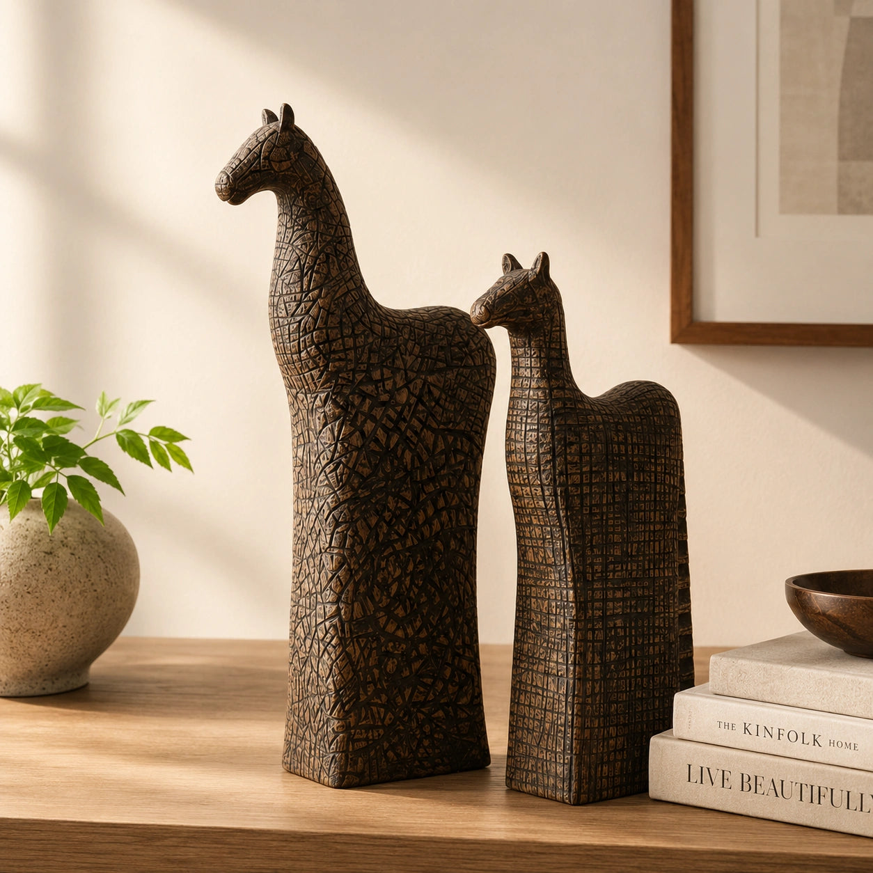 Artisan Wooden Horse Sculpture Set